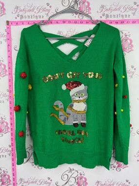 Poof! Christmas sweater Green V-Neck Holiday Cat Sweater with Pom-Poms
